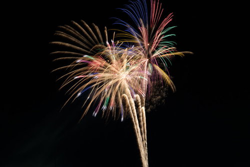 夜空に放射状に広がるスパークする打上花火