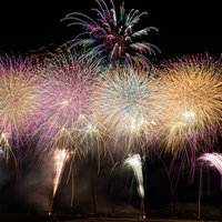 江戸川区花火大会で夜空に広がるスターマインの写真