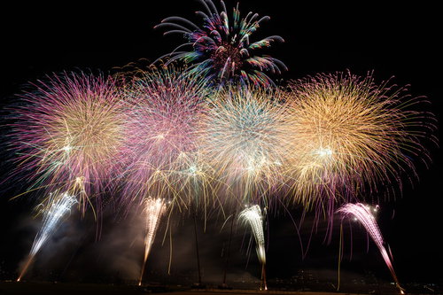 江戸川区花火大会で夜空に広がるスターマイン