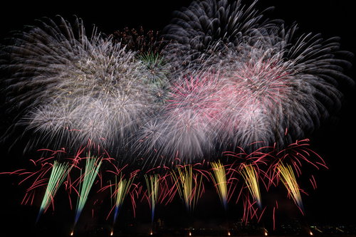 江戸川区花火大会で一斉に打ち上がる色とりどりの花火