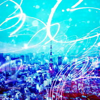 東京の夜景に描く光跡のフォトモンタージュの写真