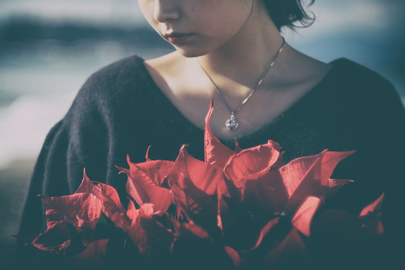 黒いセーターを着た女性が赤いポインセチアの花を両手で持ち、虚ろな表情で下を向いている
