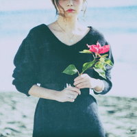 悲哀を感じる女性が薔薇を手にする海辺の風景の写真