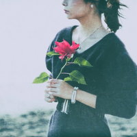 赤い薔薇を手にした暗い悲しみの女性の失恋の写真