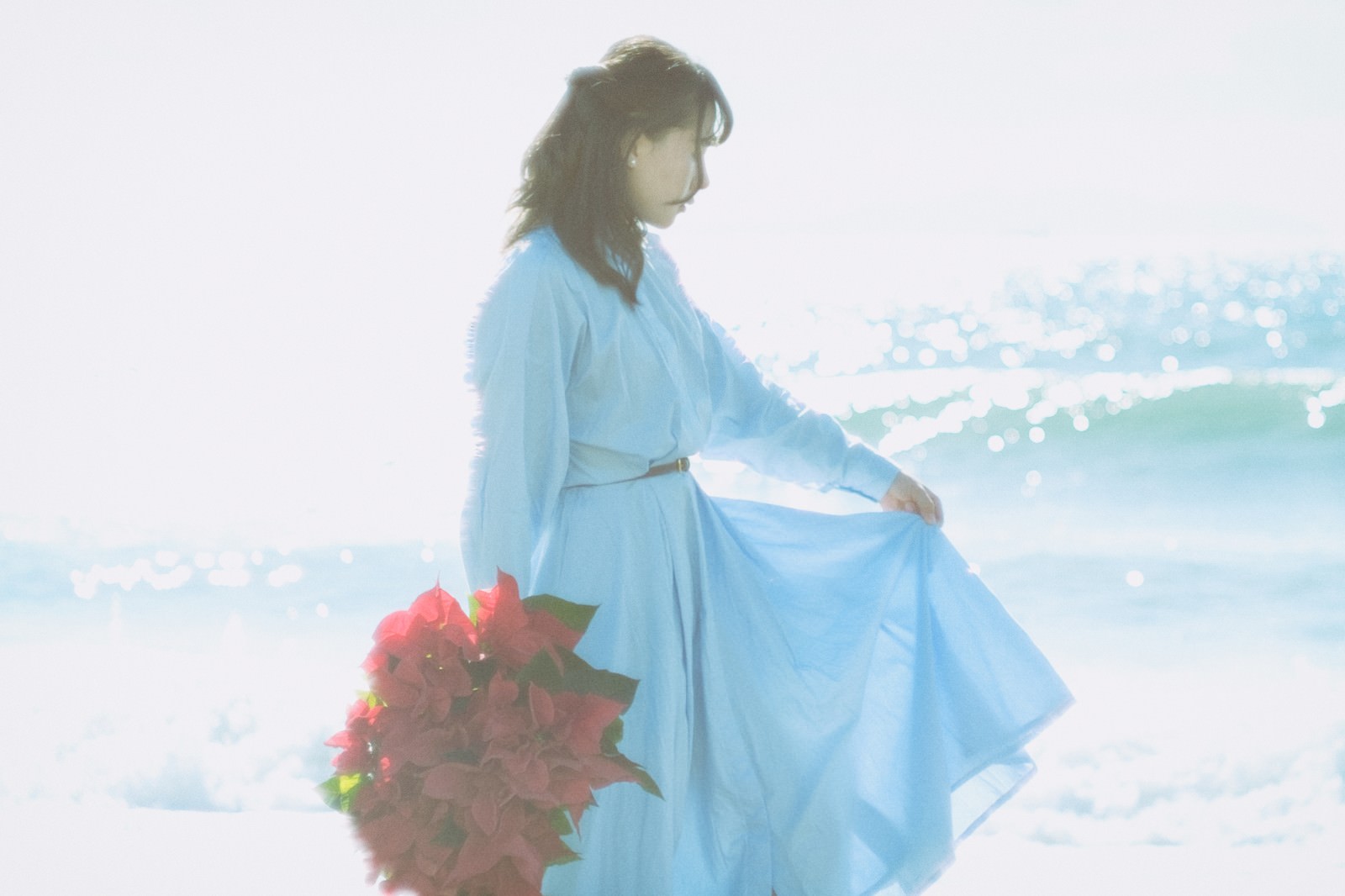 海辺で赤いポインセチアの花束を持つ水色のワンピースの女性［モデル：Mizuho］