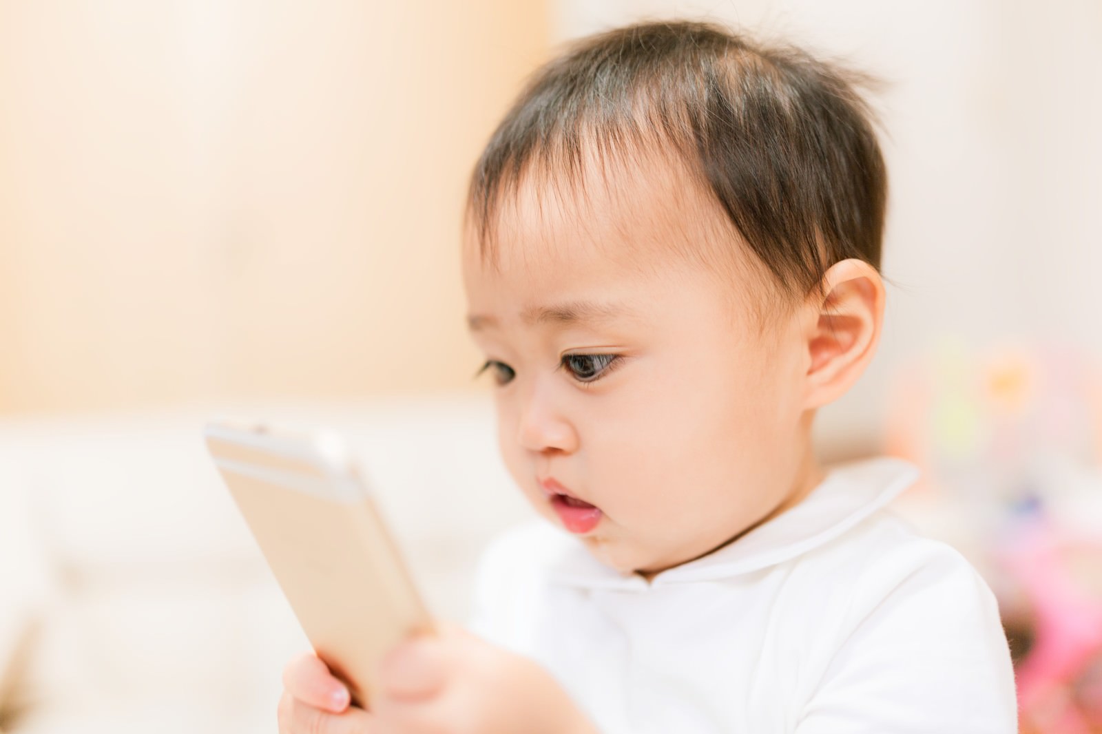 白い紙を両手で持って見つめる幼児［モデル：Lisa］