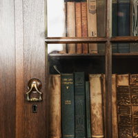 古い洋書と真鍮の取っ手が付いた木製本棚の写真