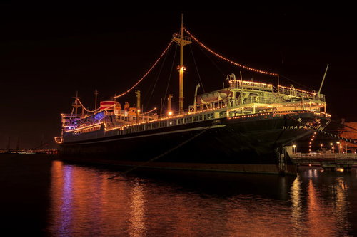 夜の港でライトアップされた氷川丸