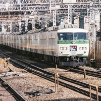踊り子号の電車が線路に停止している駅構内の写真