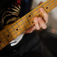 メイプルネックのベースの弦を抑える左手の演奏シーンの写真