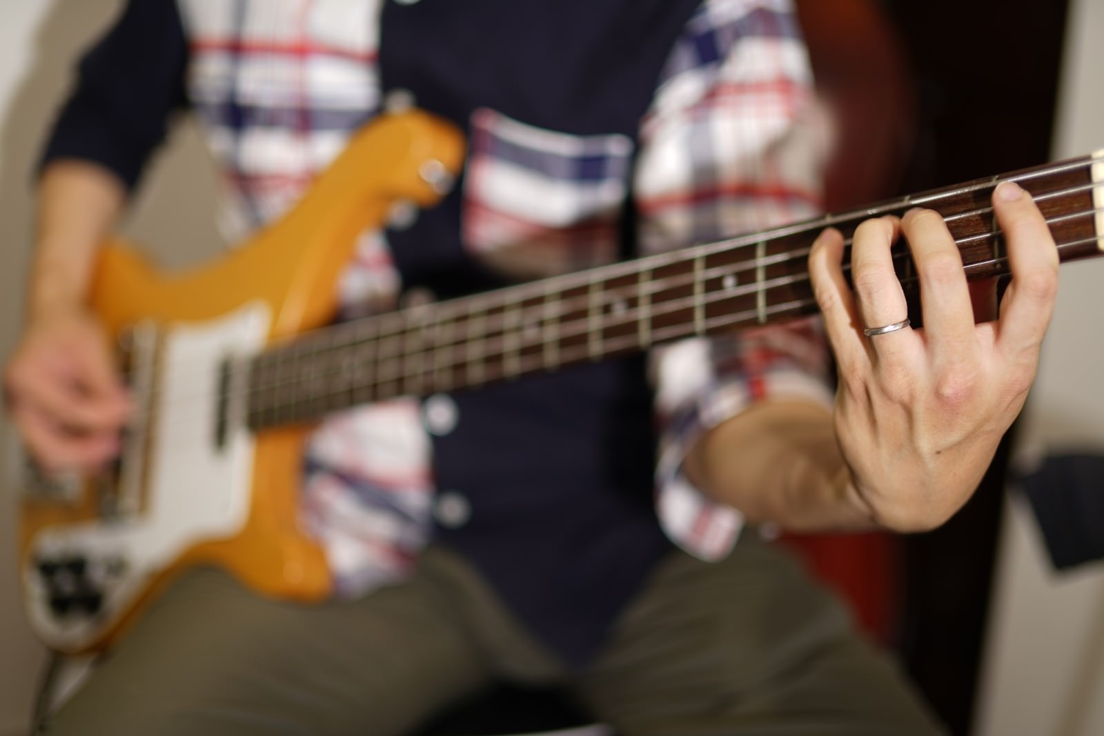 エレキベースの弦とフレットを押さえるベーシストの手元