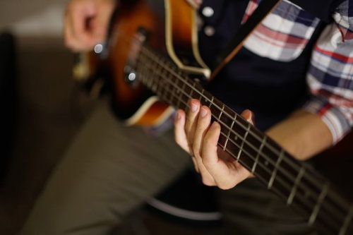 プロベーシストの演奏風景 ベース弦楽器の手元ネック部分クローズアップ