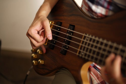 ベースの弦を指弾きするベーシストの右手の演奏風景