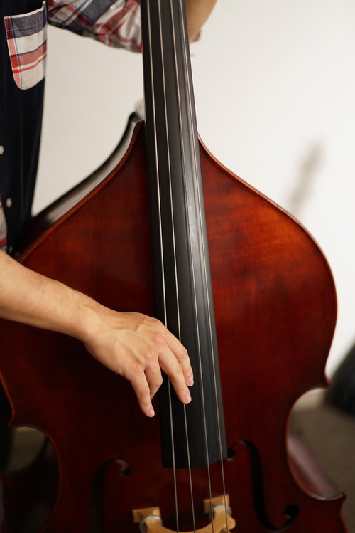ウッドベースを弾くベーシストの手元と楽器