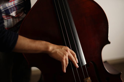 ウッドベースを指弾きするベーシストの手元
