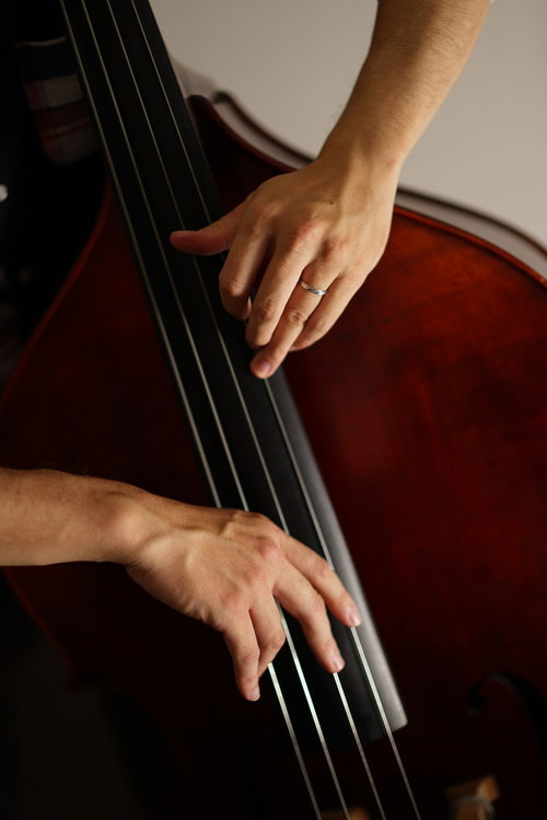 ウッドベースを演奏するベーシストの手元のクローズアップ