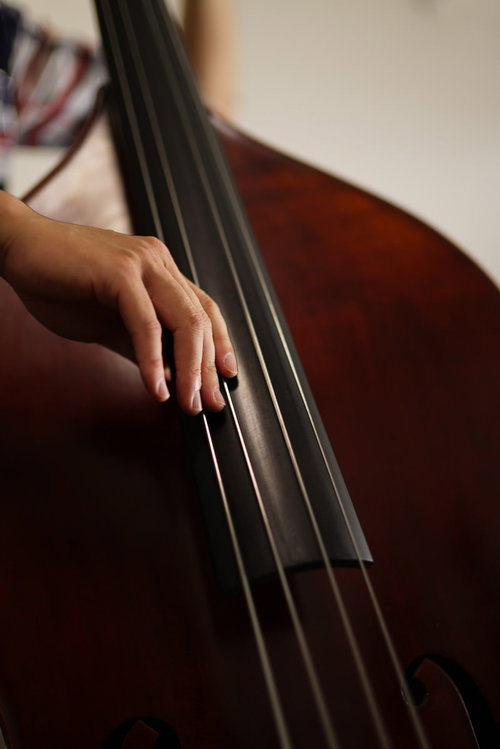 ウッドベースの弦を押さえるベーシストの手元