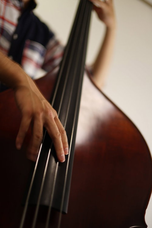 人差し指と中指を揃えて弾くウッドベースの演奏