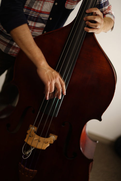 チェック柄のシャツを着たベーシストがウッドベースを奏でる