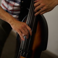 チェック柄のシャツを着たベーシストがウッドベースで演奏の写真