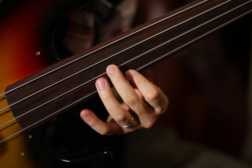 フレットレスベースを弾く左手の指と弦の位置