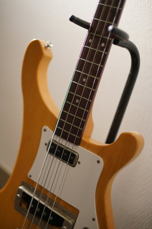 エレキベースのネック部分、弦とフレットが見える
