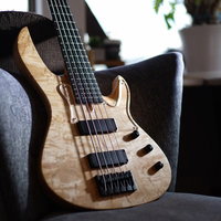 室内に立てかけた5弦ベースの写真