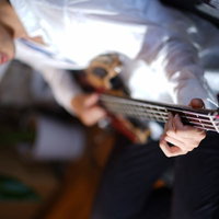 ベースギターを奏でるベーシスト、男性ミュージシャンの写真