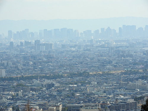 霞がかる遠くの街並みと住宅地が広がる都市景観