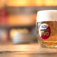 泡の分量が絶妙なテーブルに置かれたチェコビールの写真