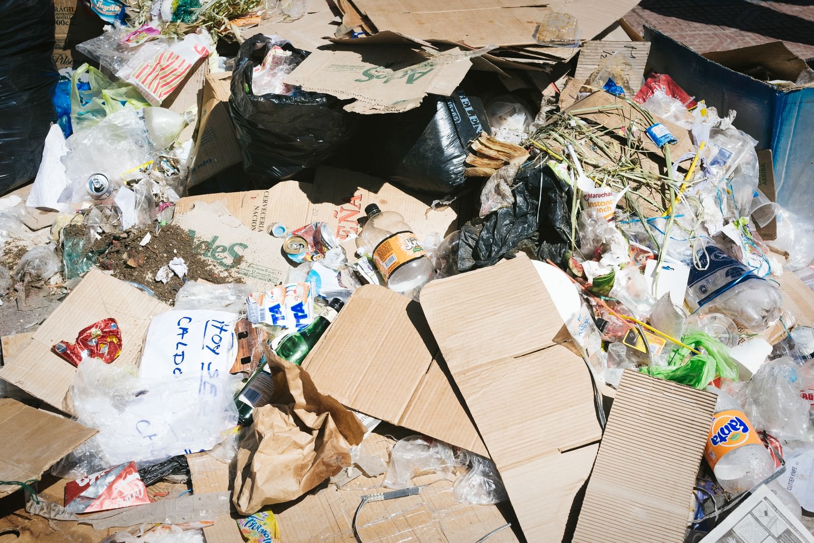 地面に散乱する紙くずやプラスチック容器などのゴミの山