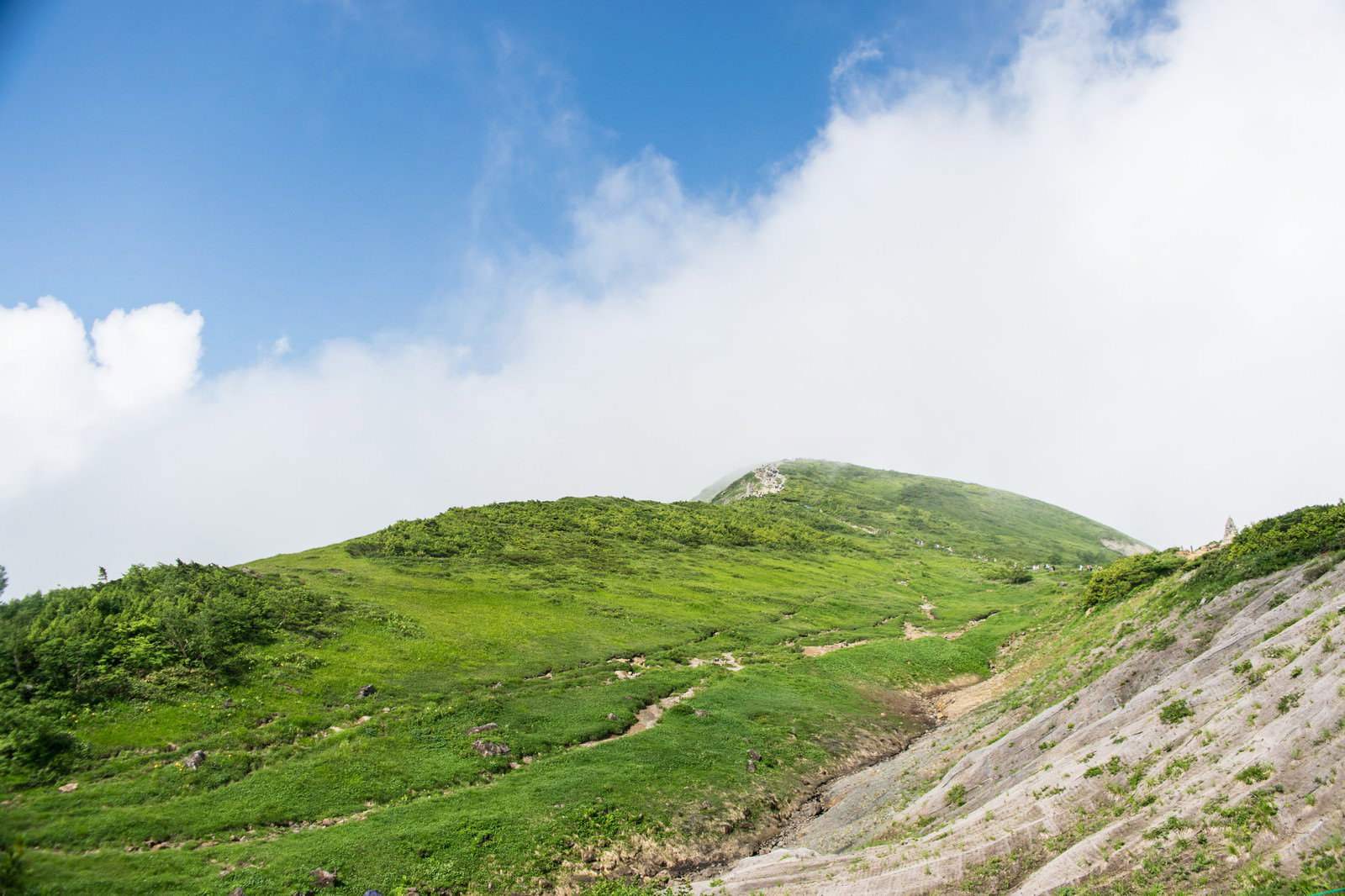 青空と雲が広がる山で、緑の斜面を縫うように続く登山道