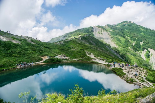 水鏡に映る青空と登山者の山々の風景