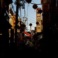 看板と提灯が並ぶ横浜中華街の路地裏の写真