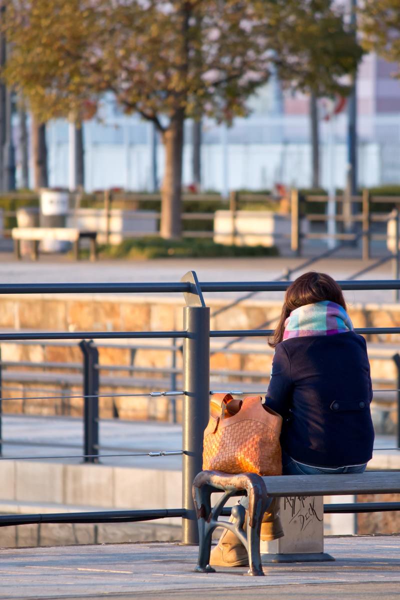 公園のベンチに座る女性の後ろ姿