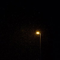 降る雪を照らすオレンジの街灯と夜の空の写真