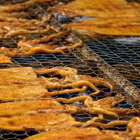 網の上で焼かれる天日干しのするめの写真