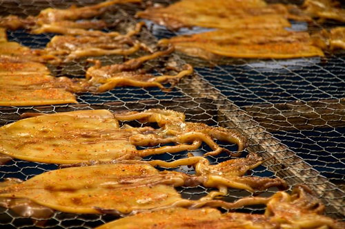 網の上で焼かれる天日干しのするめ