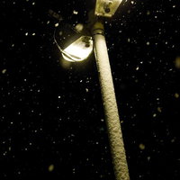 降り続く雪の中で2つの電球が灯る街灯の写真