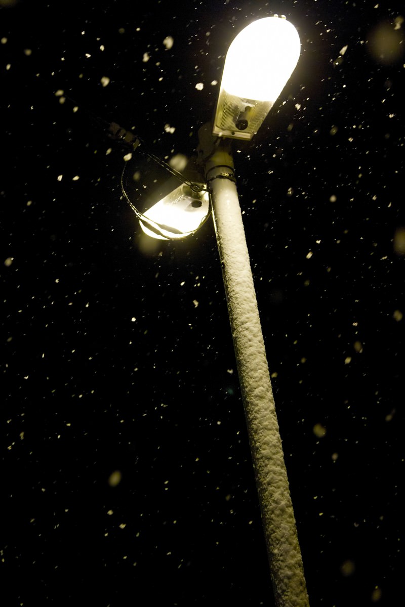 雪の中で灯る2つの電球の街灯
