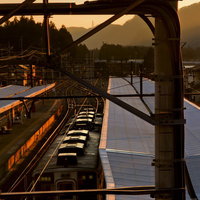 鉄骨の屋根越しに見える夕暮れのホームと電車の写真