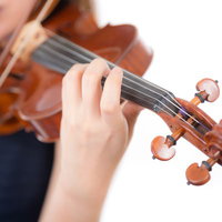 ヴァイオリン演奏中の左手とネック、弦を押さえる指の動きの写真