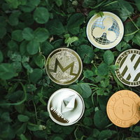 草地に配置された5枚の仮想通貨コインの写真
