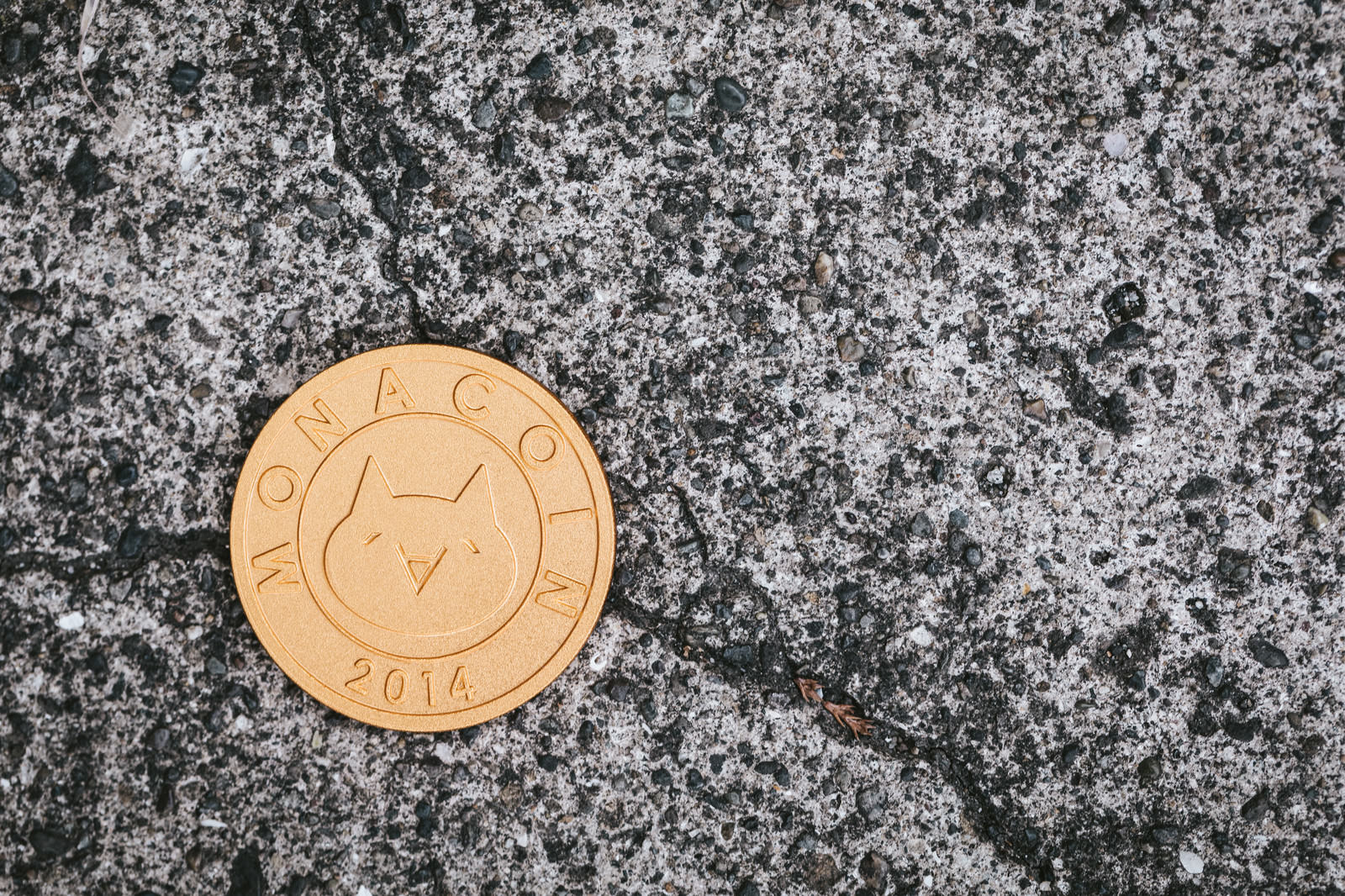 ひび割れしたグレーの地面に金色のMONAコインが置かれている
