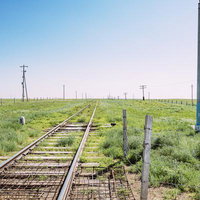 草原の中を地平線まで伸びる線路と電柱の風景の写真