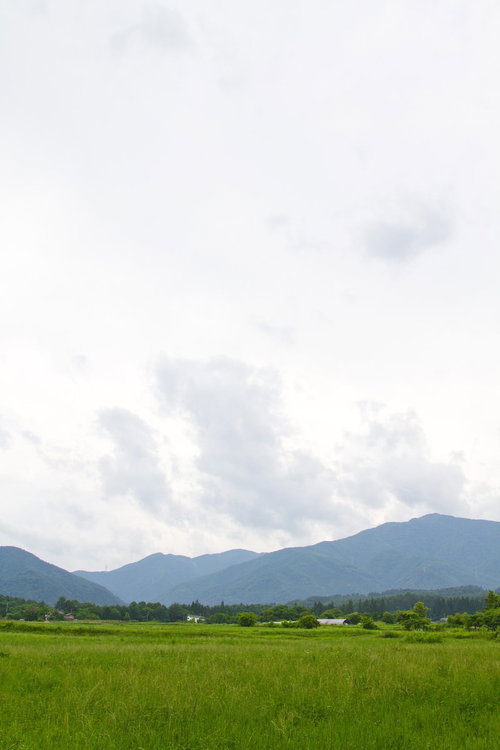 田んぼと山々が連なる曇り空の田園風景