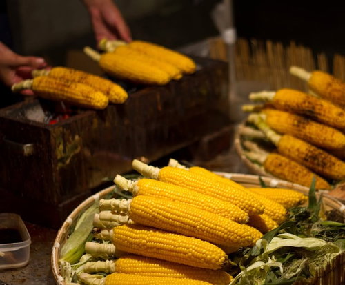 炭火で焼き色がつく出店のやきもろこしの串
