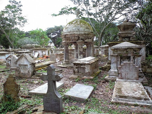 倒れた墓石と雑草が生い茂るジョージタウンの荒れた墓地