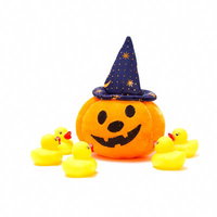 円形に並んだあひるちゃんがハロウィンかぼちゃを囲んで召喚する風景の写真