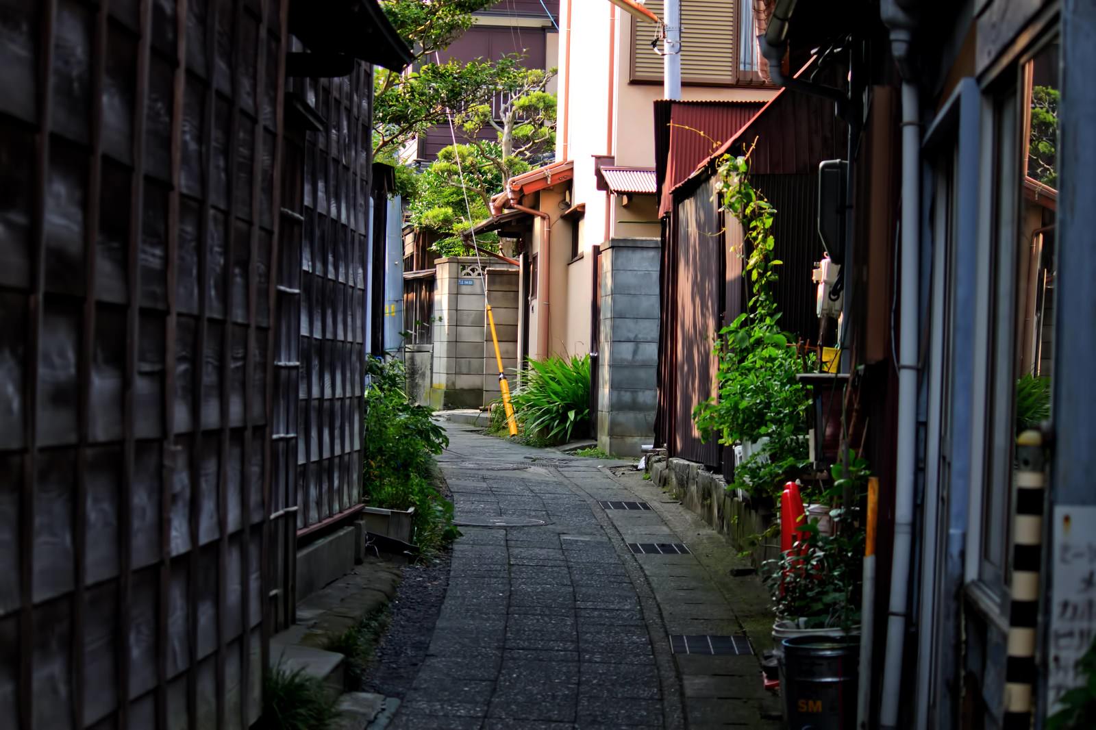 古い木造家屋が並ぶ石畳の路地裏の道